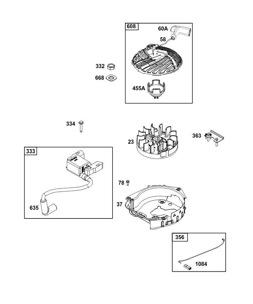 Flywheel, Ignition, And Starter Group Diagram and Parts List for 09P702-0312-F1 020000 - 09Z999 Briggs and Stratton Engine